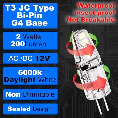 G4 LED Bulb RV Camper 2W T3 AC/DC12V 6000K White JC Type Bi-Pin, 10 Pack - Image 2