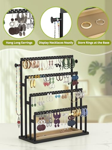 Earring Holder Organizer, 4-Tier Metal Jewelry Display Stand with Wooden Storage Organizer, Large Earring Holder for Studs, Hoops, and Dangles, Modern Jewelry Organizer for Women - Image 4