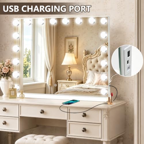 Ratsamee Hollywood Vanity Mirror with Lights, 18 Dimmable Bulbs, 3 Color Lights,Make Up Lighted Mirror, Aluminum Metal Frame, USB Charging Port（32" x 24"） - Image 5