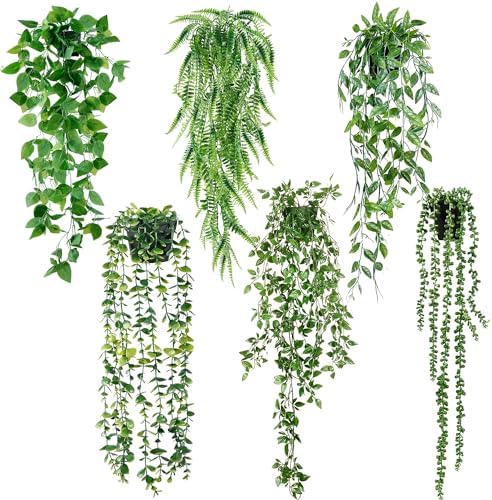 Sggvecsy Fake Hanging Plants 6 Pack Artificial Hanging Eucalyptus Plants Potted Greenery Faux Mandala Vine String of Pearls Boston Fern Ivy Vine Leaves Pea Pod for Home Indoor Outdoor Shelf Wall Decor by Sggvecsy