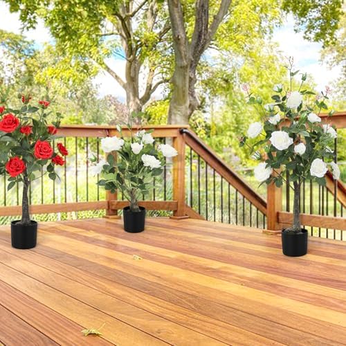2Pack Artificial Rose Flower Trees, 24Inch White Faux Rose Tree with Green Leaves for Living Room Office Home Outdoor Indoor Decor,2FT White - Image 7