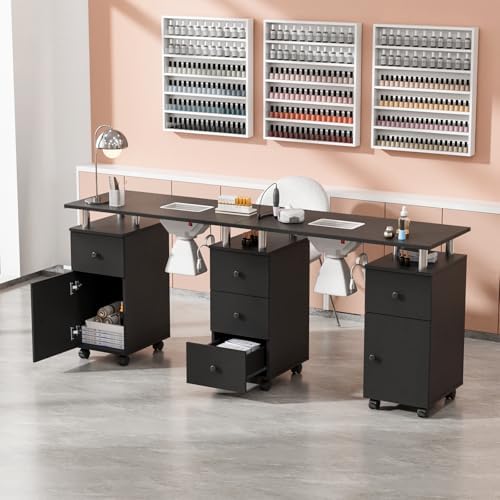 OmySalon Double Manicure Table w/Dust Collector, Nail Table Station for Nail Tech, Makeup Desk w/Wheels Arm Rest Drawers Cabinet Storage, for Beauty Spa Salon, Acetone Resistant (Black) - Image 7