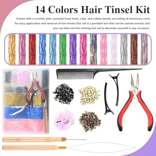 Leuceiy 14 Color 36" Hair Tinsel Kit, 4200 Strands Heat Resistant with Tool - Image 2