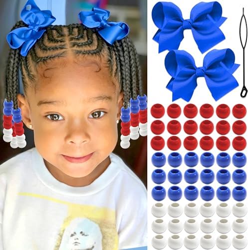 NAISKA 62PCS 4th of July Hair Beads for Braids Festival Hair Bow Clips Red White Blue Loc Beads Ribbon Bow Hair Jewelry Braids Clips with Bow Independence's Day Hair Accessories for Girls by NAISKA