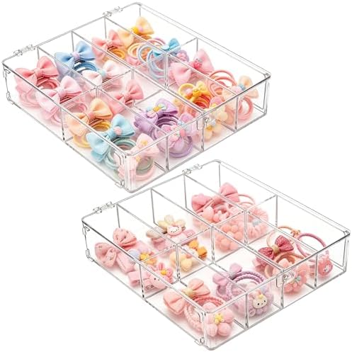 2 Pcs Hair Accessories Organizers with 8 Compartments and Lids Clear Storage Boxes for Headbands Bows Clip Scrunchies Hair Tie Organizer for Bathroom Bedroom Vanity Countertop by FMOACEN
