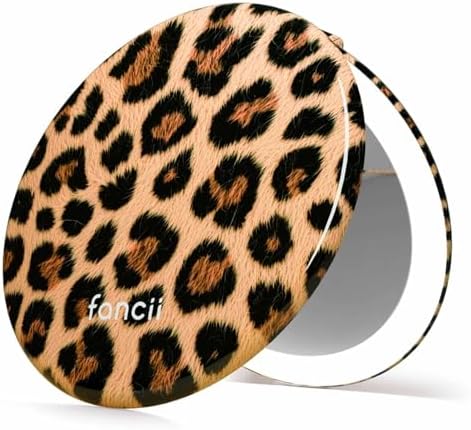 Fancii Taylor LED Lighted Travel Makeup Mirror, Rechargeable, 10x /1x Magnifying, Tru-Glow Lighting System, XL Large 5” Wide | Compact Mirror for Purses (Cheetah Chic) by Fancii