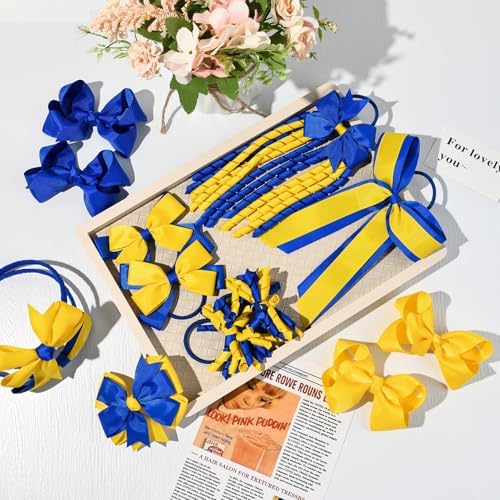 DEEKA 13 PCS Uniform Hair Accessories Set Yellow & Royal Blue Hair Bows Hair Clips Headband Hair Ties Curly Korker Bows for Little Toddler School Girls - Image 5