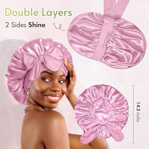 BONNET QUEEN Reversible Silk Satin Sleeping Bonnet for Women Double Layer Adjustable Curly Braids Wig Hair Night Sleep Hat Cap Tie Band M Rose - Image 3