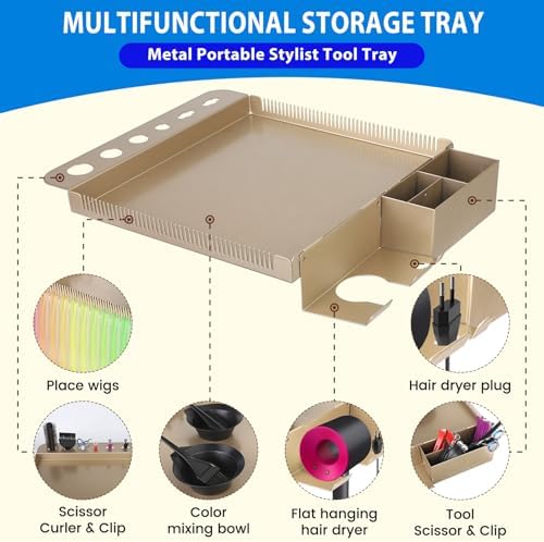 Salon Rolling Tray on Wheels with Adjustable Height - Salon & Spa Service Tray for Hair Stylist, Tattoo & Dental Use (Gold) - Image 5
