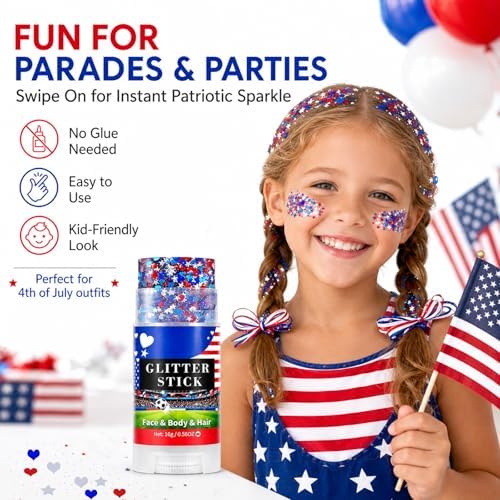 Go Ho Red White and Blue Glitter Stick,Waterproof Star&Heart Face,Body&Hair Glitter,4th of July Accessories,Patriotic USA Flag Sparkle Cheer Glitter Makeup for Soccer Game Independence Day Makeup - Image 3