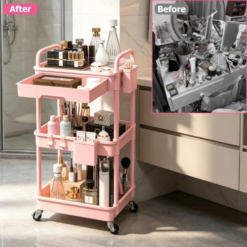 REBECAT 3 Tier Rolling Makeup Cart Cosmetic Display Organizer with Drawer - Image 6