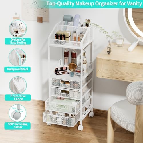 HapiRm Makeup Organizer Storage Cart - Floor Skincare Make Up Storage with 4 Drawers, Rolling Makeup Cart Vanity Organizer Cosmetics Display Cases Holder for Skin Care Perfume Nail Polish - Image 5
