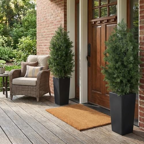 Aveyas 4ft Artificial Cedar Topiary Trees, 4 Feet Faux Potted Plants Evergreen Fake Pine Cypress Tree for Outdoor Porch Home Outside Door Decor (4 ft Tall Including Raised Pot) - Set of 2 Pack - Image 3