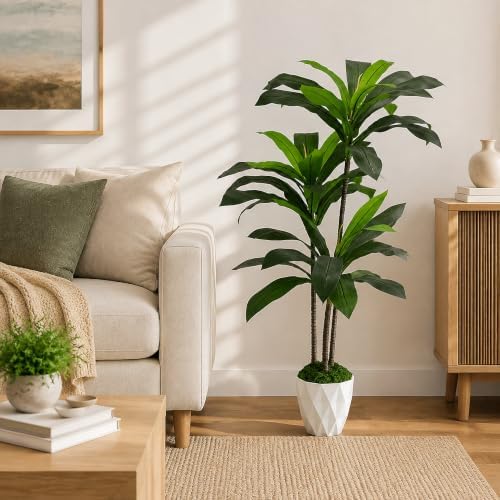 4FT Artificial Dracaena Tree with White Pot, Tall Fake Plants Indoor - Image 3