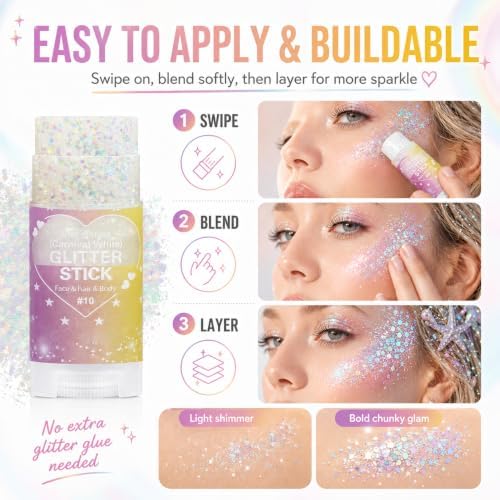 Iridescent White Glitter Stick for Hair Face & Body, Waterproof Chunky Glitter Makeup for Kids and Women, Mermaid Fairy Halloween Costume Outfit Accessories for Festival Rave Concert Carnival Party - Image 5