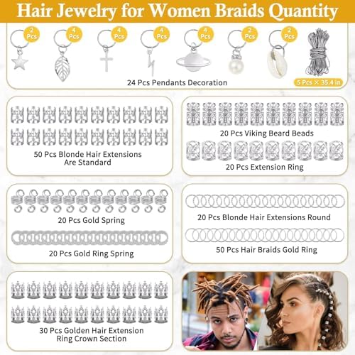 Lucomb 259 Pcs Hair Jewelry, Hair Accessories for Braids Silver Loc Jewelry for Hairs Dreadlocks Braid Jewelrys Hairs Cuffs Clips Dreadlock Accessories for Women's Loc Charms Rings Decoration - Image 3