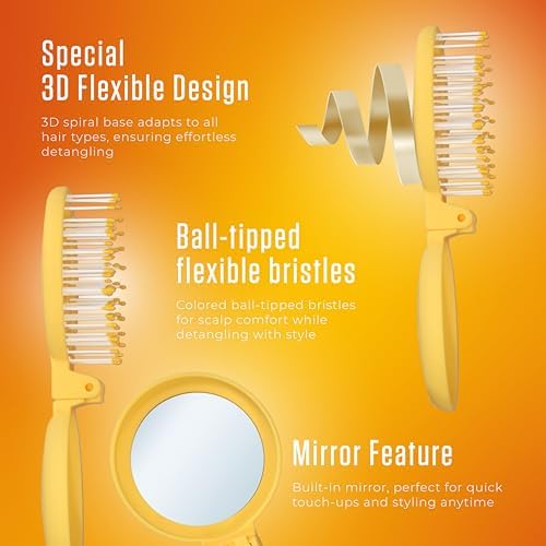 Mini Detangler Travel Hair Brush with Mirror, Makaron Hair Brushes for Women, Men and Kids, Unique 3D Flexible Design for All Hair Types, Styling Accessory, Travel Essentials for Women (YELLOW) - Image 2