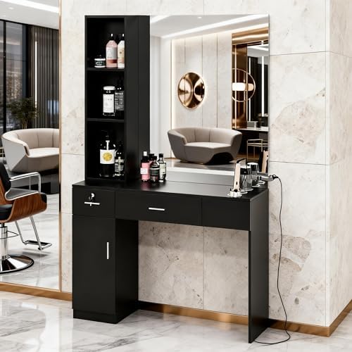 OmySalon Salon Station with Mirror, Locking Barber Station for Hair Stylist, Wall Mount Cabinet with Hair Dryer Holders & Open Shelves, for Barbershop Beauty Spa, Black - Image 2