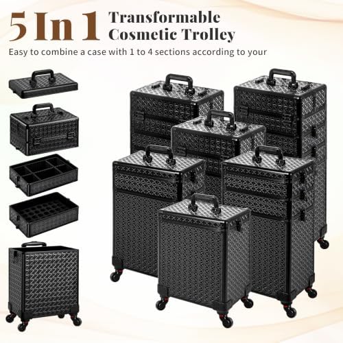 AROUS 5 in 1 Rolling Makeup Train Case with Lid Cosmetology Case on Wheels - Image 2