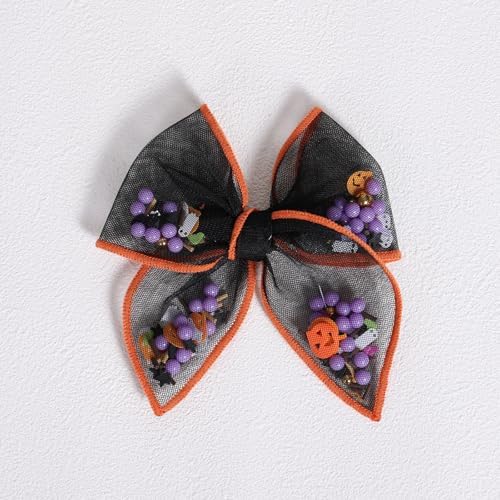 4" Halloween Black Mesh Tulle Hair Bow Clips for Girls Women, Glitter Pumpkin Ghost Bat Shaker Fable Bow Alligator Barrettes, Party Costume Dress Up Accessories, 2 Pack - Image 6