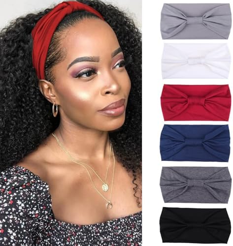 XTREND Wide Headbands For Women Non Slip Fashion Stretch Headband Boho Head Bands Women's Hair Band Turban Sports Hairband Accessories 6 Pcs（Black, Dark gray, Navy blue, Red, White, Light gray） by XTREND