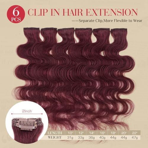 Rich Choices Short Clip In Hair Extension Real Human Hair-Wave/Curled 6 Pcs Single Clip Hairs Extension for Women-100% Remy Hairs Mini Clip ins Hairpieces for Thin Hairs-10 Inches #99J Burgundy Red - Image 2