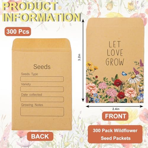 FYSUIMU 300Pcs Wildflower Seed Packets Let Love Grow Self-Adhesive Kraft Envelopes Rustic Floral Seed Storage Pockets for Garden Office Party Favors Supplies, 3.15 x 2.4 Inch - Image 2