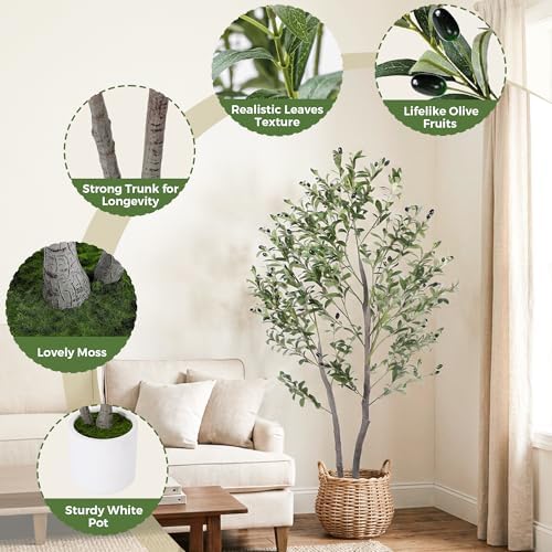 Artificial Olive Tree Indoor 5FT, 59" Tall Faux Olive Tree w/White Planter - Image 3