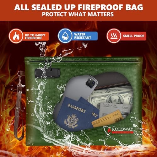 ROLOWAY Fireproof Document Bag (14.5 x 11.5 inch), 6400℉ Fireproof Money Bag with Zipper for Cash, Fire Safe Money Pouch with Lock (Green) - Image 3