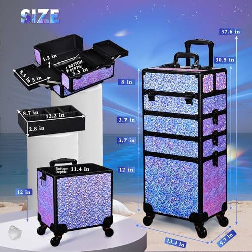 Stagiant Rolling Makeup Case Cosmetology Case on Wheels 4 in 1 Makeup Travel Case Extra Large Cosmetic Box with Key Make Up Artist Traveling Storage Nail Case Salon Barber Cart Trunk Shiny Purple - Image 5