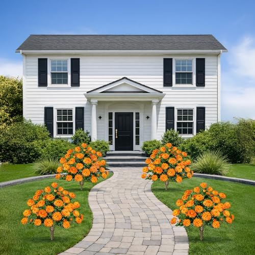 2 Pack 3FT Artificial Camellia Tree with Ground Spike, Full Bloom Fake Camellia Plant Outdoor, Dense Flower Artificial Trees for Front Porch Decor, Patio Garden Yard Decorations, Orange - Image 7
