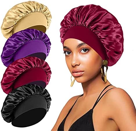 4PCS Silk Bonnet for Sleeping,Hair Wrap Satin Bonnets Shower Cap for Black Women Men, Elastic Wide Band Hair Bonnet Cap for Sleeping Curly Hair(Black & Wine Red & Purple & Brown) by FIRSTPELLA