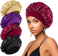 4PCS Silk Bonnet for Sleeping,Hair Wrap Satin Bonnets Shower Cap for Black Women Men, Elastic Wide Band Hair Bonnet Cap for Sleeping Curly Hair(Black & Wine Red & Purple & Brown) by FIRSTPELLA