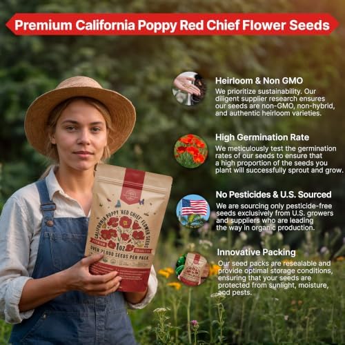 California Poppy Red Chief Seeds 1oz Over 21,000 Non-GMO Heirloom Eschscholzia californica Seeds for Planting, Individual Seed Packet, Planting Home Garden Indoor & Outdoor - Image 6
