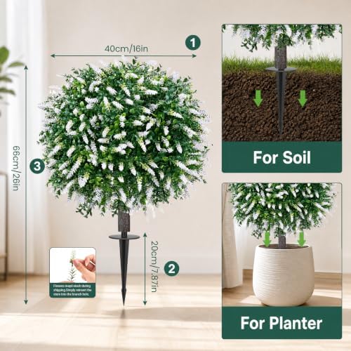 26'' Artificial Topiary Boxwood Ball Trees with White Lavender, Set of 2 Fake Bushes Shrubs for Outdoor with Ground Spike UV Resistant Faux Evergreen Plant Ball for Front Porch Garden Decor - Image 4