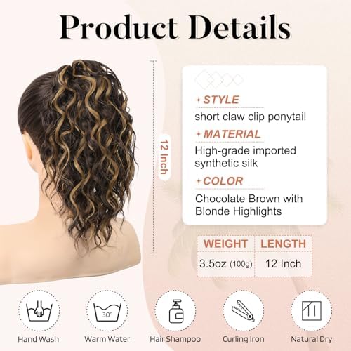 Flufymooz Ponytail Extension, 12" Short Claw Ponytail Wavy Curly Jaw Clip in Pony Tails Hair Extension Natural Synthetic Hairpiece for Women (Chocolate Brown with Blonde Highlights) - Image 3