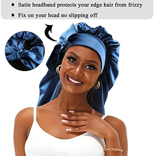 Extra Large Satin Bonnet Sleep Cap for Women, Double Layer Silky Hair Bonnet with Tie Band for Braids/Curly/Long Hair - Royal Blue - Image 3