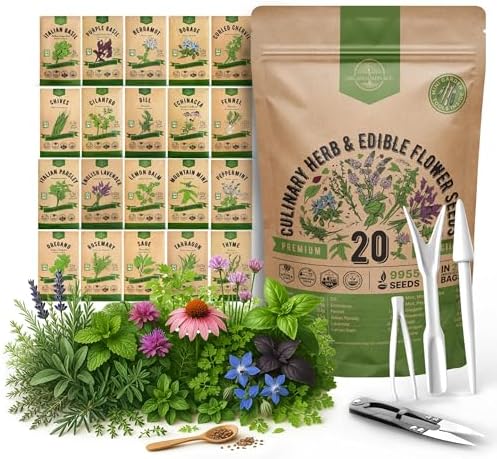 20 Culinary Herbs & Edible Flower Seed Variety Pack for Planting Indoor & Outdoors. 9500+ Non-GMO Heirloom Flower Seeds: Basil, Borage, Echinacea, Lavender, Oregano, Rosemary Seeds & More by OrganoRepublic