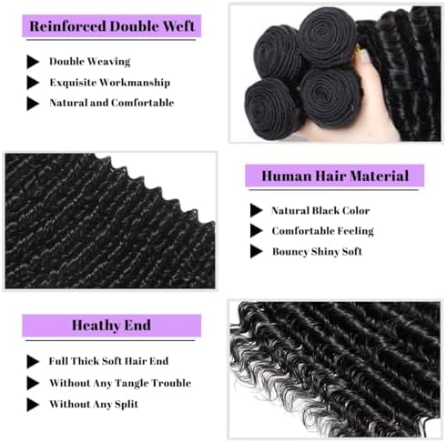 20 22 24 Inch Deep Wave Human Hair Bundles 100% Unprocessed Brazilian Virgin Hair, 3 Bundles, Deep Curly, Black,Sew-In Installation, Wavy Style Keep Texture Silky Soft - Image 3