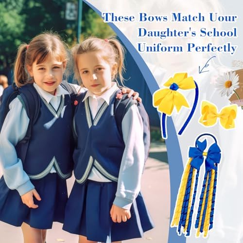 DEEKA 13 PCS Uniform Hair Accessories Set Yellow & Royal Blue Hair Bows Hair Clips Headband Hair Ties Curly Korker Bows for Little Toddler School Girls - Image 3