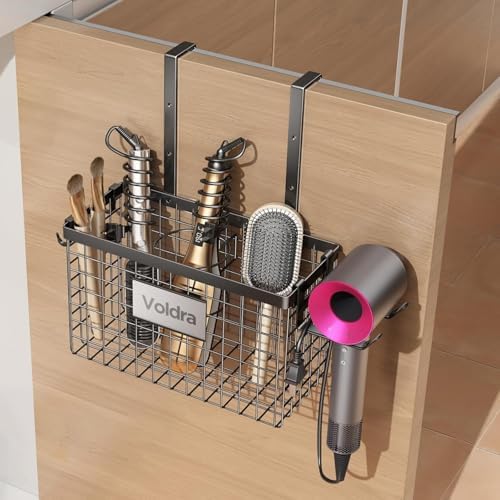 Voldra Hair Dryer Holder Cabinet Door, Adhesive Hair Tool Organizer Wall Mount Adjustable Height Blow Dryer Holder Under Sink/Countertop for Flat Curling Iron, Hair Brush and Straightener (1, Black) by VOLDRA