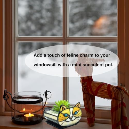 Stained Glass Yellow Cat Flower Pot,Small Succulent Planter for Indoor Plants,Cat Plant Decoration for Windowsill 4.33x3.54x2.95 in（Excluding Plants） - Image 3