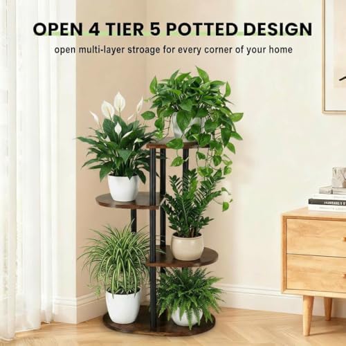 Tiered Plant Stand Indoor, Tall 4 Tier 5 Potted Wooden Plant Shelf for Multiple Flower Plants, Multi Corner Metal Plant Holder Indoor for Patio Garden Patent Design Living Room Balcony Bedroom, Rustic Brown - Image 4