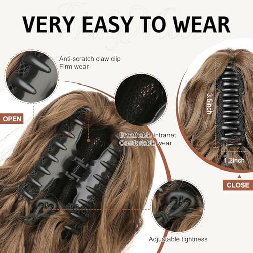 FLUFYMOOZ Ponytail Extension, 18 Inch Claw Clip Ponytail Extension, Wavy Curly Claw Clip in Ponytail Hair Extensions, Natural Ponytail Synthetic Hairpiece for Women (Chocolate Brown to Light Brown) - Image 3