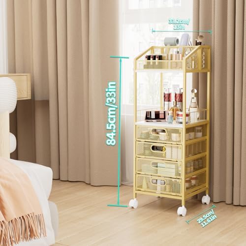 HapiRm Makeup Organizer Storage Cart - Floor Skincare Make Up Storage with 4 Drawers, Rolling Makeup Cart Vanity Organizer Cosmetics Display Cases Holder for Skin Care Perfume Nail Polish, Gold - Image 6