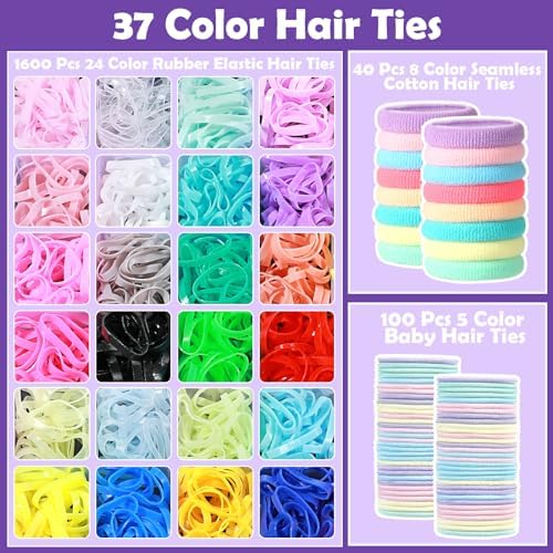 Auroray Hair Accessories for Girls, 1784 Pcs Elastic Ties Set 24 Color Rubber Bands With Organizer Box Cotton Baby Ties Styling Tool Set Clips Elastic Cutter Scissor - Image 3