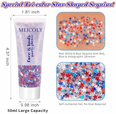 MEICOLY 50g Star Shaped Red White and Blue Body Glitter Face Glitter Gel, Patriotic Accessories Hair Glitter for 4th of July Outfits for Women, Fourth of July USA Accessories for Independence Day - Image 4