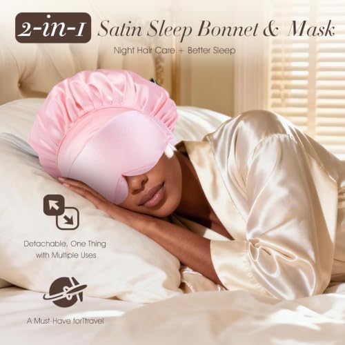 LC-dolida Satin Silk Bonnet for Sleeping Women Men, 2-in-1 Adjustable Hair Bonnet for Curly & Natural with Sleep Mask, Reduce Frizz, Lock in Moisture, Prevent Breakage and Tangles(Blush) - Image 2