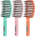 EKONAER 3 Pack Vented Quick Drying Massage Blow Detangler Brush,Boar Bristle Hair Brush Set-Curved,Detangling Hair Brush for Women Long,Thick, Thin, Curly(Green) by EKONAER