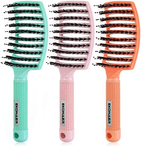 EKONAER 3 Pack Vented Quick Drying Massage Blow Detangler Brush,Boar Bristle Hair Brush Set-Curved,Detangling Hair Brush for Women Long,Thick, Thin, Curly(Green) by EKONAER